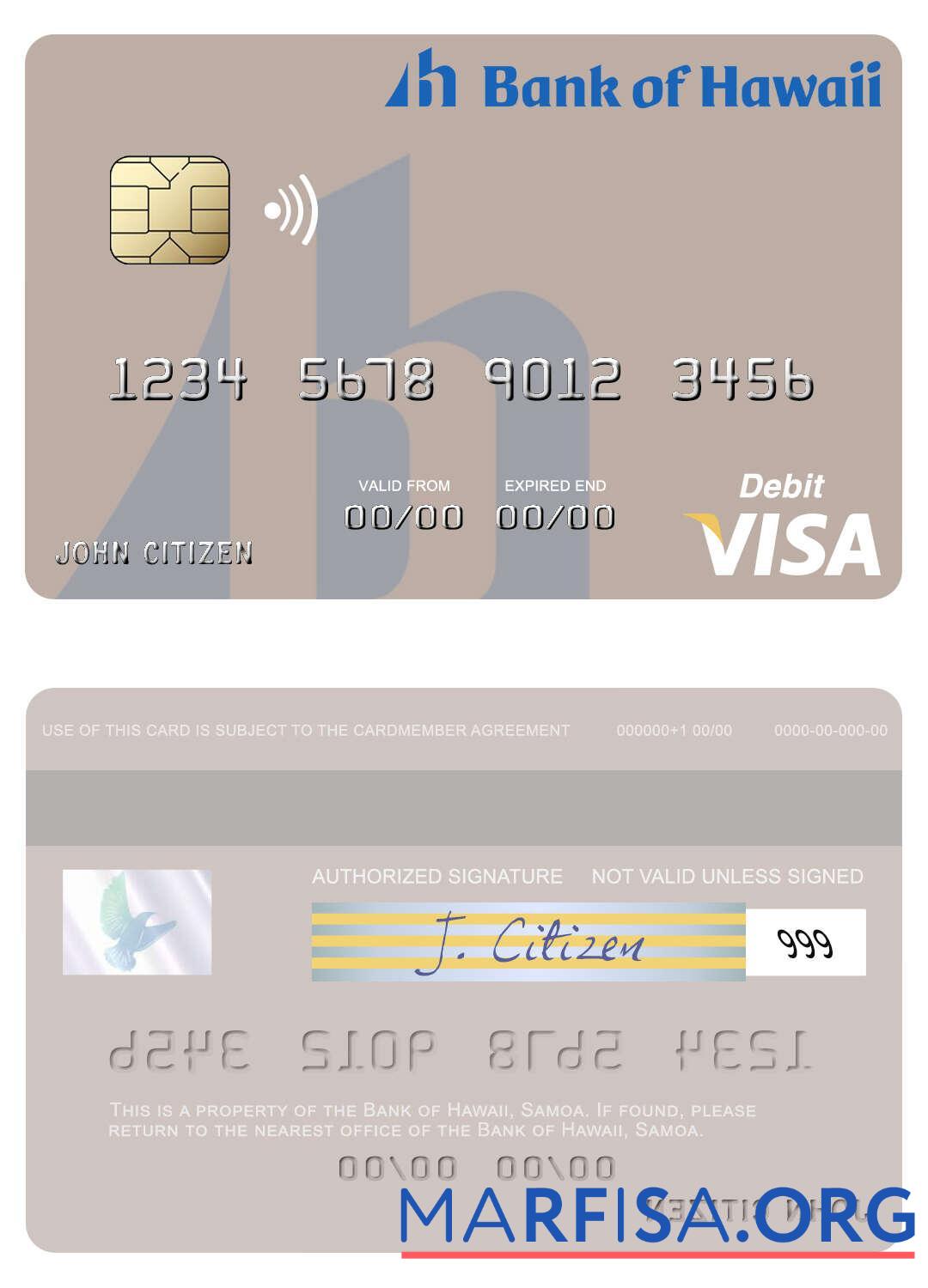 Blank Samoa Bank of Hawaii visa debit card example